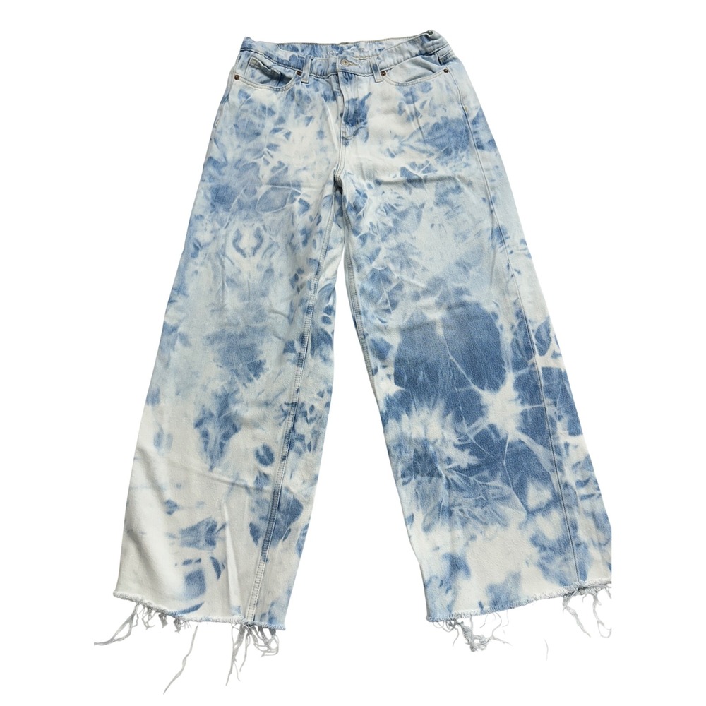 Old Navy Mid-Rise Baggy Wide-Leg Tie-Dye Jeans Blue White 6 Tall 835617-00